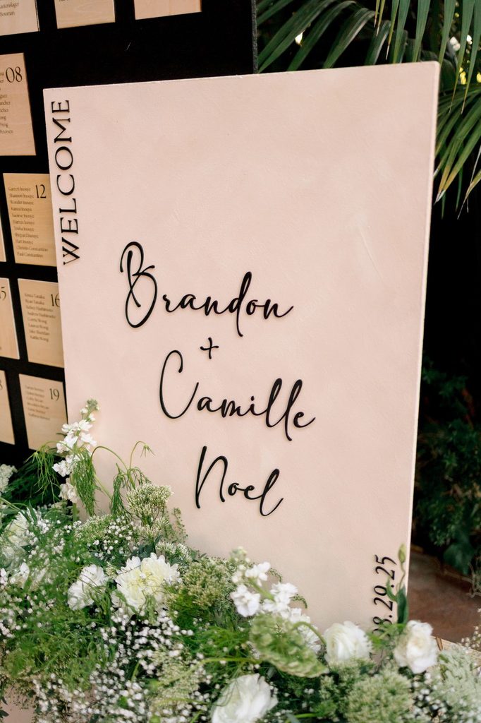 Welcome sign for Brandon and Camille at the reception entrance