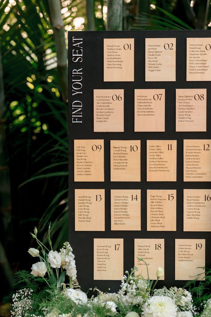 Seating chart on black card with gold table numbers
