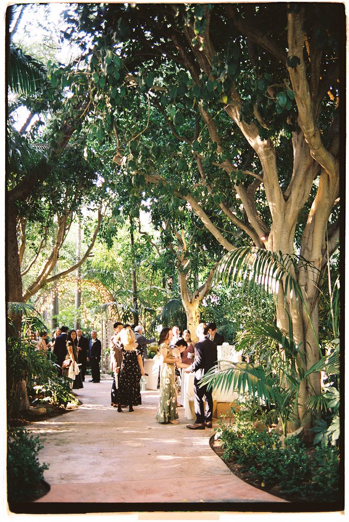 Guests gathering for cocktail hour in the garden at dusk, on film